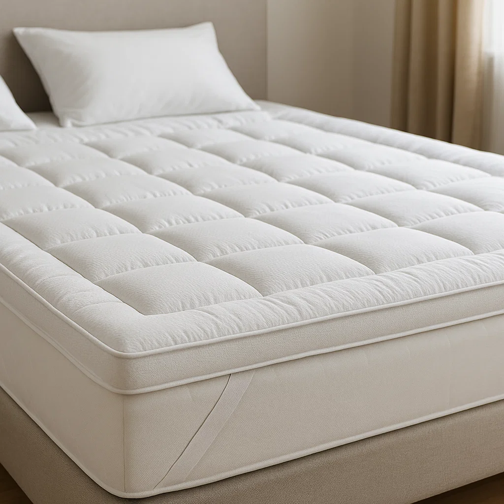 Weißer, gesteppt gefütterter Matratzen-Topper mit Eckgummis auf einem Bett, sorgt für zusätzlichen Schlafkomfort in einem hellen Schlafzimmer.